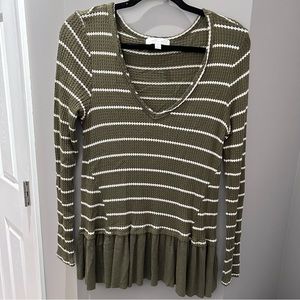 Anthropologie Eri + Ali Hunter Green & Cream Long Sleeve Top-Md